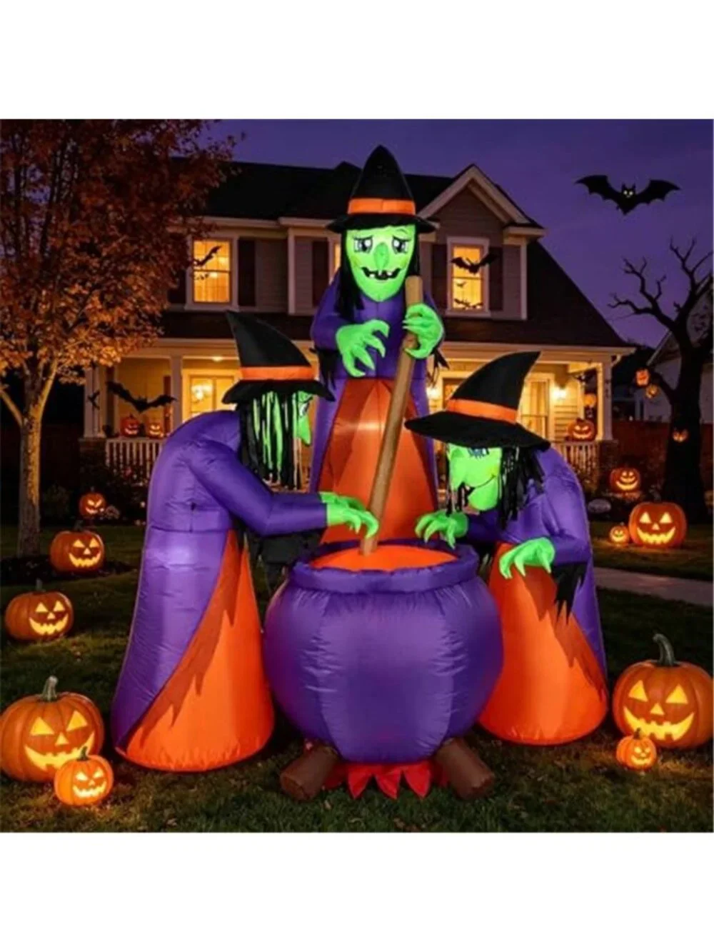 6 FT Halloween Inflatables with Built-in LEDs, Three Witches Around a Cauldron